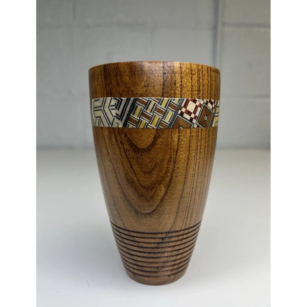 Yosegi Karakuri Gimmick Japanese Hakone Yosegi Cup Drink Wood Marquetry Inlaid‎